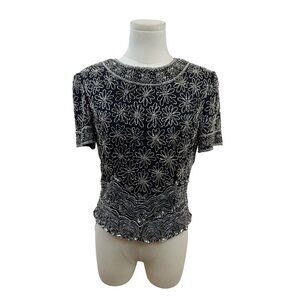 Papell Boutique Evening Black & Silver Beaded Silk Top Short Sleeve Floral Sz S